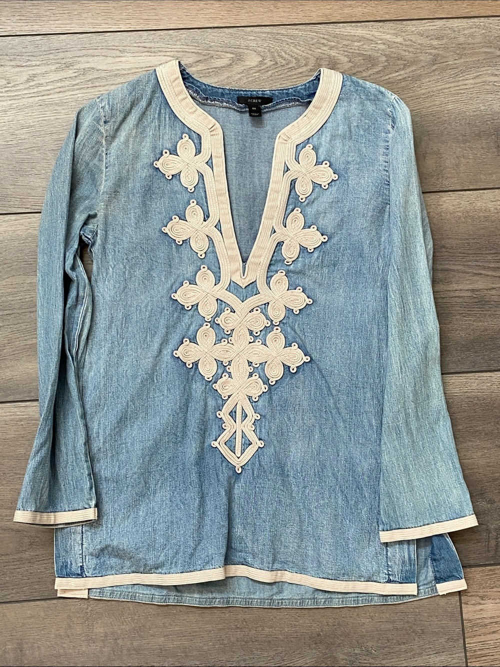 J. Crew Light Blue Denim Tunic with Cream Embroidery